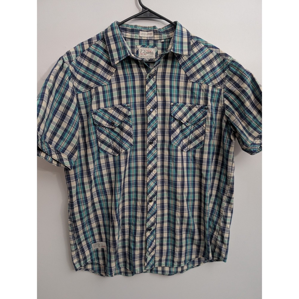 A3 7 Diamonds‎ Shirt Mens XL Pearl Snap Short Sleeve Plaid Western Green/Blue